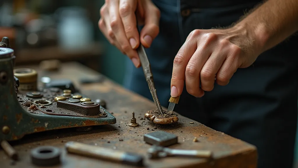 Mechanic cleaning a typewriter key.