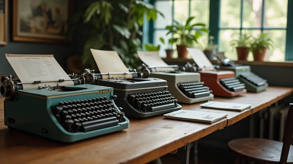 Collection of vintage typewriters on a wooden table